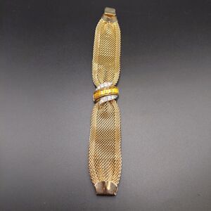 Vintage Emmons Mesh Bracelet Faux Topaz Rhinestones Gold Tone